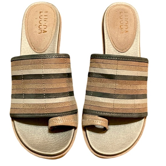 Luca Lenore Leather Platform Wedge Sandal Slide Striped Vamp Women’s Sz 7.5 - Picture 4 of 13